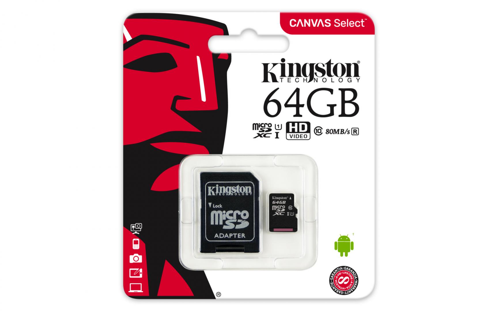 Card de Memorie MicroSDXC Kingston, 64GB, Canvas Select 80R, Clasa