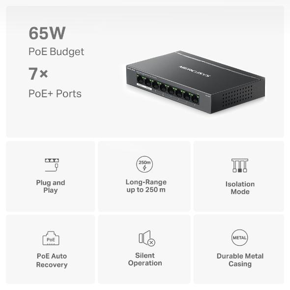 Switch Mercusys Desktop 8 porturi Gigabit, MS108GP, 7 porturi - imagine 3