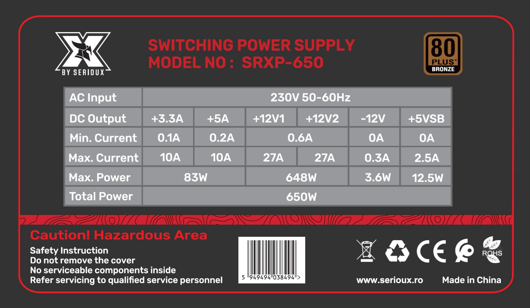 Sursa Serioux Energy 650W, 80+ BRONZE, Ventilator 12cm, ATX, material - imagine 3