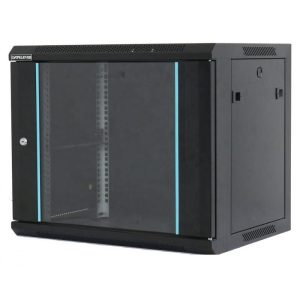 Rack 18U 600x600, montare pe perete, usa din sticla, panouri