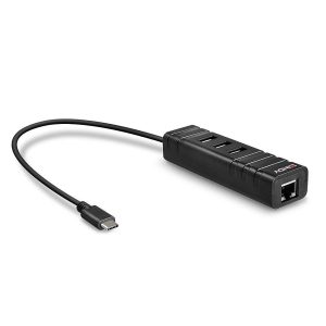 Hub USB LINDY 43249 USB-C, 4 porturi, RJ-45, Negru