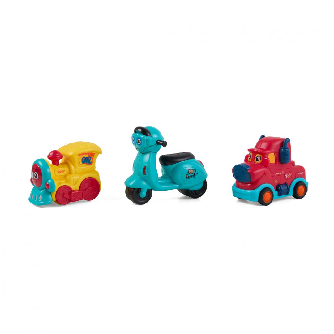 SET 3 VEHICULE ACTIONATE PRIN INERTIE- MASINUTA ROSIE, TREN GALBEN,