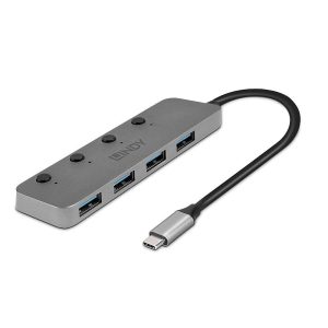 Hub USB LINDY 43383 USB-C, 4 porturi, Gri