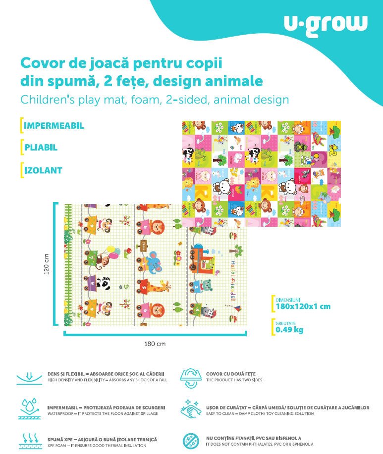 Covor de joaca pentru copii U-Grow, din spuma, pliabil, 2 - imagine 7