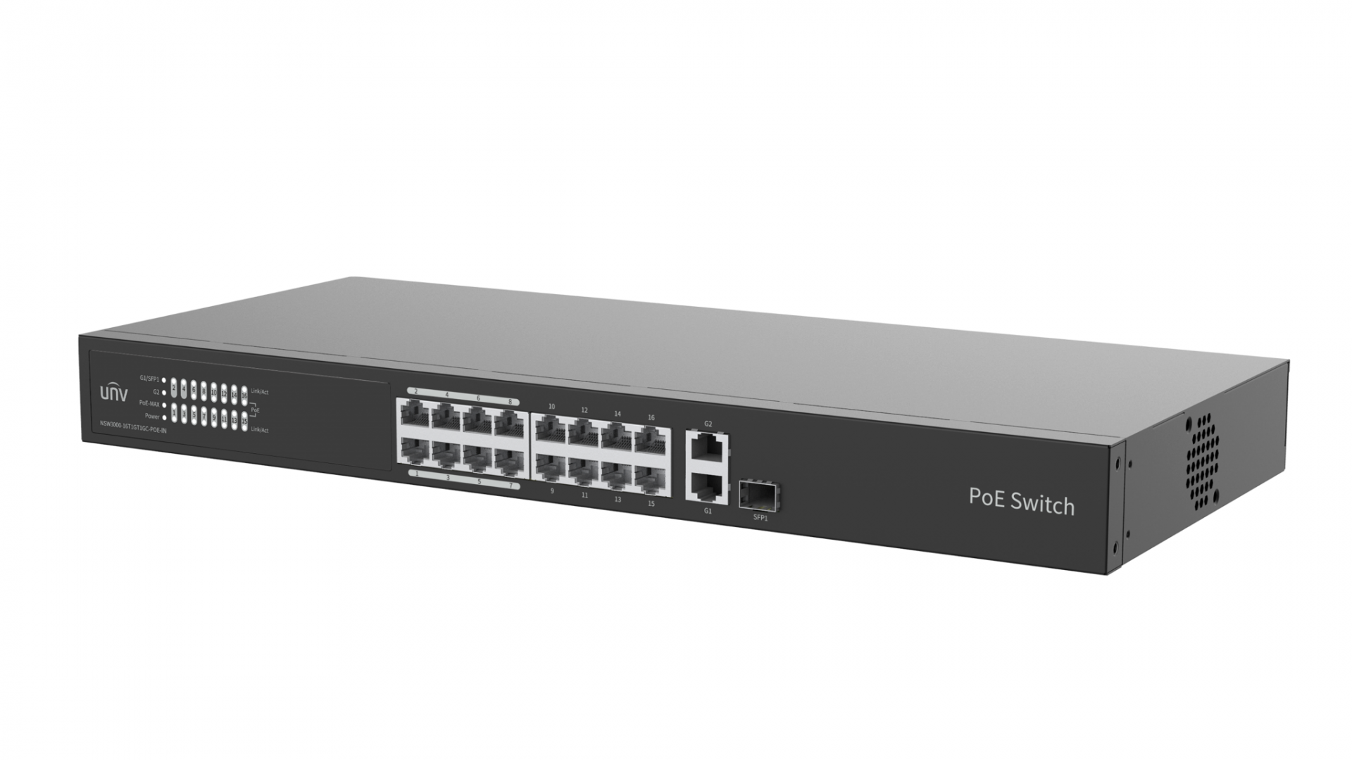 Switch Uniview NSW3000-16T1GT1GC-POE-IN; Porturi:16 x 10/100Mbps POE port (RJ45) +