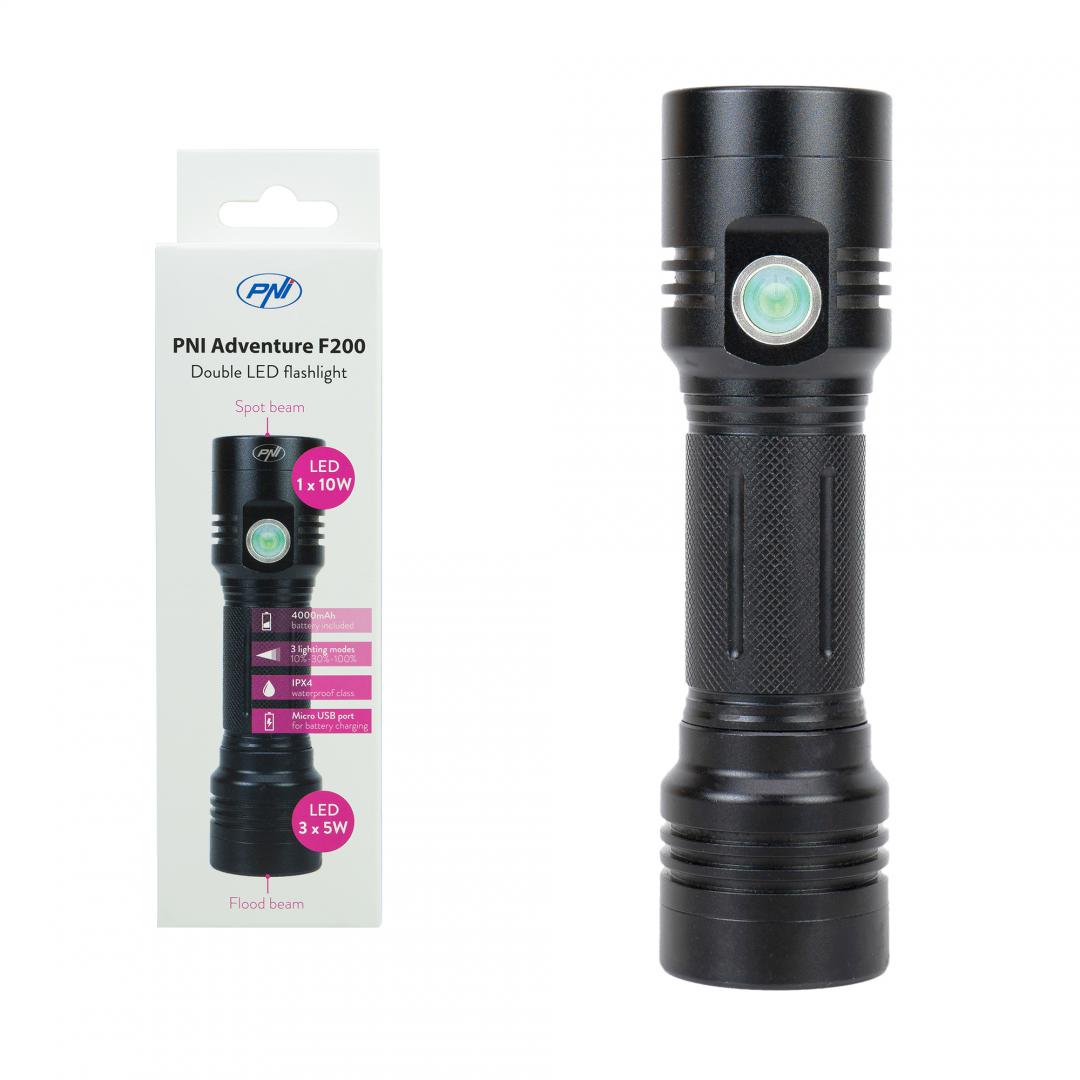 Lanterna dubla PNI Adventure F200 din aluminiu cu LED, acumulator