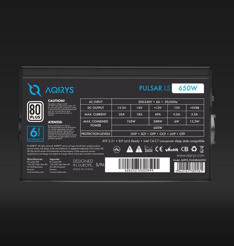 Sursa Aqirys Pulsar LS, 80 PLUS White, 650 W - imagine 8